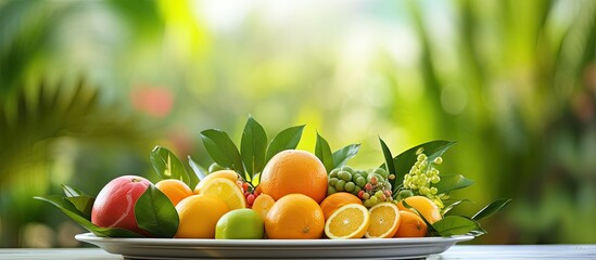On a white table against a leafy green background sits a platter of vibrant colorful fruits including juicy oranges creating a tropical and healthy feast for nature lovers looking to improv
