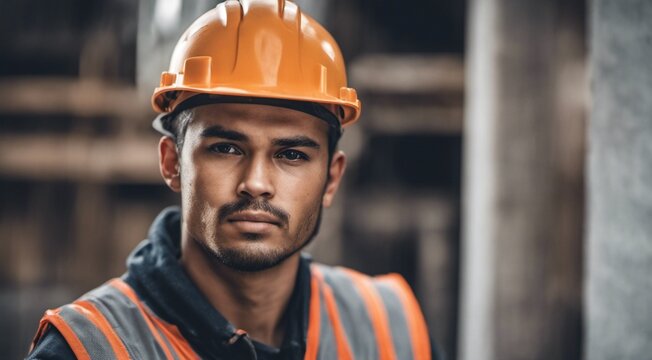 portrait of a construction worker, hard worker at work, portrait of a man with helmet, hard worker