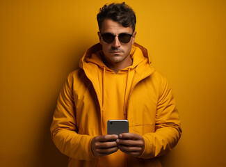 Silvolle Gelbtöne - Mann mit Sonnenbrille vor gelber Wand lässig mit Handy
