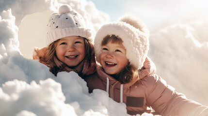 Two little children have fun playing in a snow fort on a sunny winter day. Winter retro clothes for cold weather. - obrazy, fototapety, plakaty