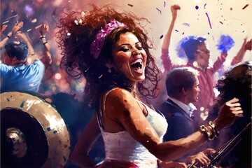 Portrait of a beautiful young girl with curly hair dancing on a party