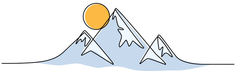 Mountainous with sun continuous line drawing. Vector illustration isolated on white.