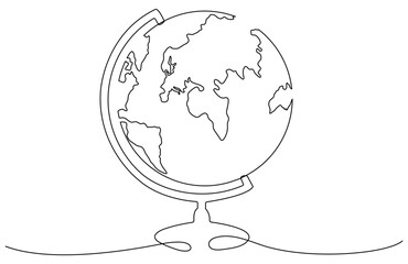 School globe continuous line drawing. World map linear symbol. Vector illustration isolated on white.