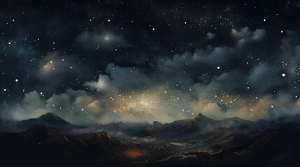 Naklejka premium Stars in the sky, in the style of digital painting, tender depiction of nature, dark sky-blue and black, soft, romantic scenes, romanticized landscapes, serene atmospheric perspective, fine detailed