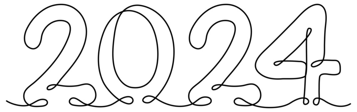 2024 New Year symbol continuous one line drawn. Vector illustration isolated on white.