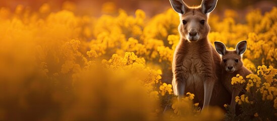 In the golden hues of the sunset amidst the untamed wilderness of the field a graceful kangaroo emerged carrying her adorable joey in her pouch embodying the beauty of nature with flowers bl - obrazy, fototapety, plakaty