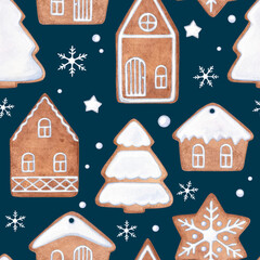 Gingerbread seamless pattern. Watercolor hand drawn illustration of Christmas gingerbread cookies with white icing. Pattern for Christmas wrapping paper, fabric and New Year packaging.