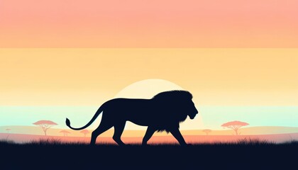 Fototapeta na wymiar A prowling lion's silhouette against a savannah sunset-themed pastel color gradient