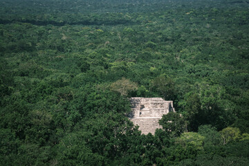 Fototapeta na wymiar Aerial view of Calakmul old ancient Maya civilisation in Mexico jungle and pyramids from drone 