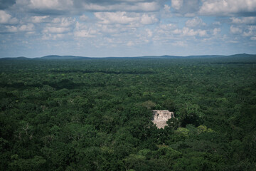 Fototapeta na wymiar Aerial view of Calakmul old ancient Maya civilisation in Mexico jungle and pyramids from drone 