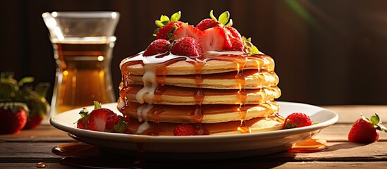 On a bright morning a mouthwatering breakfast was served on a plate delicious strawberry pancakes covered with syrup made the scene even tastier - obrazy, fototapety, plakaty