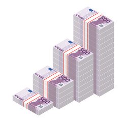 Isometric stacks of 500 Euro banknotes rising up graph. Big pile of money. Cash flow stairs. Notes are growing. Business concept. Vector illustration