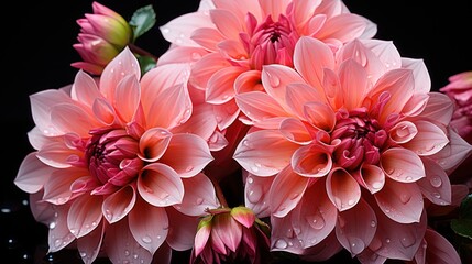 Beautiful pink dahlia flowers with water drops on black background. Springtime Concept. Mothers Day Concept with a Copy Space. Valentine's Day.