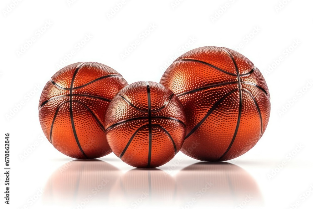 Poster three shiny basketballs on a white background generative ai