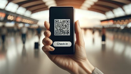 Middle-aged woman's hand with natural skin texture, holding a smartphone with QR code at the airport for e-reservation of flight ticket with check-in word on it