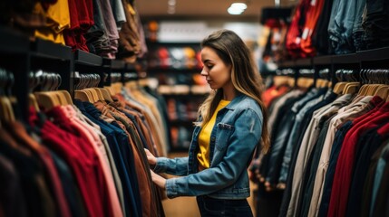 A caucasian female client young woman choosing clothes in a store with clothes racks with copy space on Black friday sale