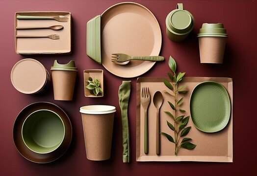 Eco-Friendly Disposable Tableware Collection on a Vibrant Green Background