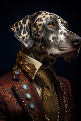 Dog Catahoula Leopard dressed in an elegant suit with a nice tie. Fashion portrait of an anthropomorphic animal posing with a charismatic human attitude
