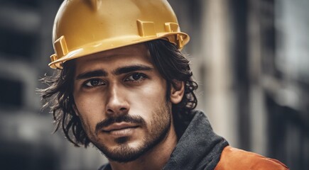 portrait of a construction worker, hard worker at work, portrait of a man with helmet, hard worker