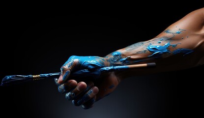 The Art of Creation: Close-Up of an Artist’s Hand Holding a Paintbrush Dipped in Vibrant Colors