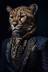 Cheetah dressed in an elegant modern suit with a nice tie. Fashion portrait of an anthropomorphic animal, feline, posing with a charismatic human attitude