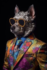 Dog, Yorkshire, dressed in an elegant modern suit with a nice tie. Fashion portrait of an anthropomorphic animal posing with a charismatic human attitude