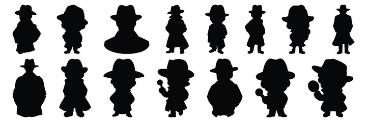 Detective silhouettes set, large pack of vector silhouette design, isolated white background - obrazy, fototapety, plakaty