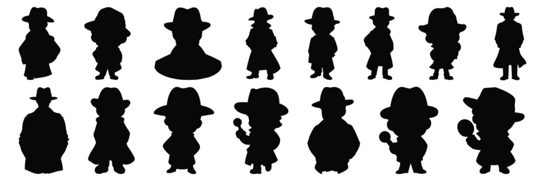 Detective silhouettes set, large pack of vector silhouette design, isolated white background