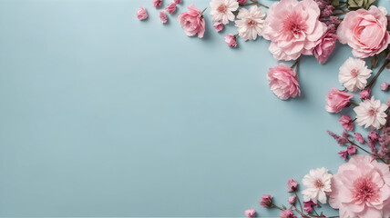 Blank paper with pink flowers on pastel blue background with space for text