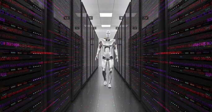 Super Futuristic Robot Slowly Walking In A Server Room. Data Flowing. Technology Related 3D Animation.
