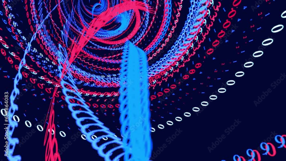 Poster vj loop hologram blue red abstract bg. symbols form lines, lines form spiral grid. sci fi theme, inf