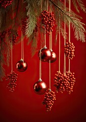 Natural Christmas decoration on a red background. Christmas holidays. Generative AI.
