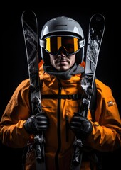Young man with helmet and ski goggles. Ski equipment. Generative AI.