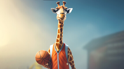 Giraffe in sports T-shirt and sports sneakers plays basketball. Anthropomorphic animals. Banner.