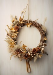 Natural Christmas wreath on a light background. Christmas holidays. Generative AI.