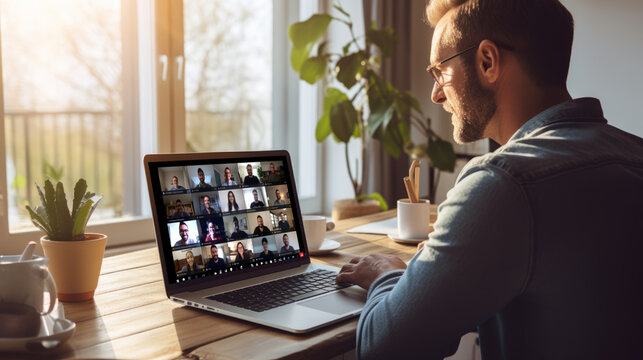 Man Working From Home Having Online Group Video Meeting On Laptop