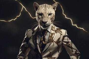 Cheetah dressed in an elegant modern suit with a nice tie. Fashion portrait of an anthropomorphic animal, feline, posing with a charismatic human attitude