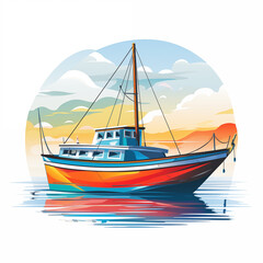 Fishing boat on the water. Vector illustration in cartoon style. 