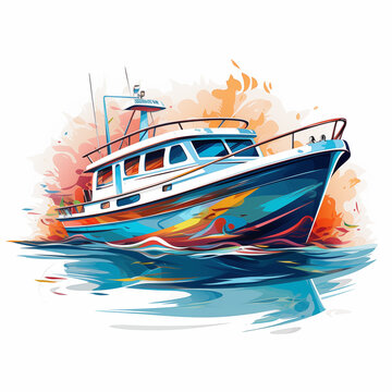 Fishing boat on the water. Vector illustration in cartoon style.  