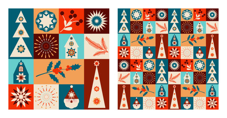 Fototapeta premium Christmas seamless pattern with simple geometric shapes. Template postcard, poster, covers.