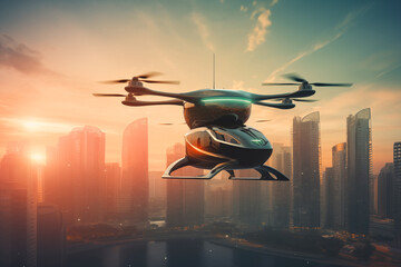 Flying car in sky. Electric air car flight above a cityscape. Future Flying Mobility. Futuristic Flying Transport. Urban Air Mobility (UAM), Flying unmanned car. Fly cars in drive in sky. Self driving