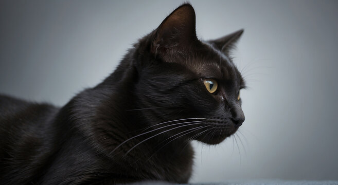 A portrait of a cute black cat in an defocused gray background - AI Generative