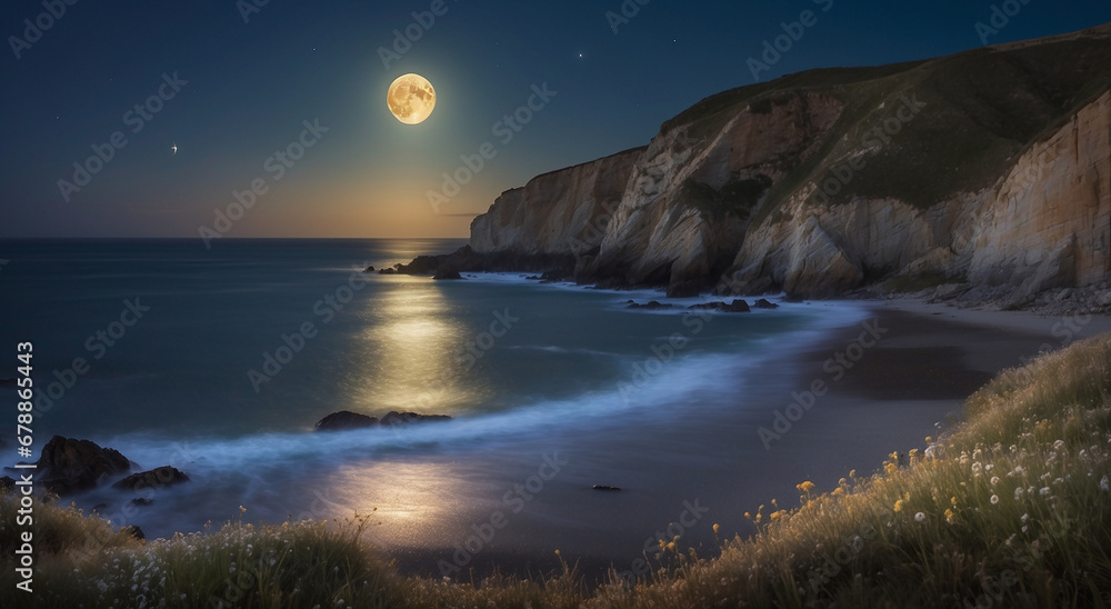 Poster a serene coastal scene with waves gently crashing against weathered cliffs, kissed by the soft light