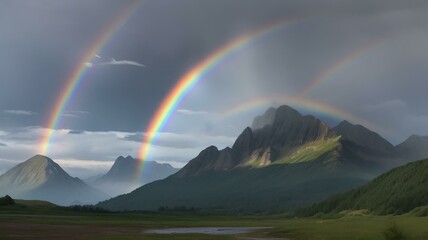 Brilliant Rainbows appearing in the sky after a rain fall in a landscape with mountains in the distance