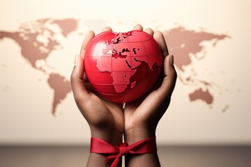 Hands tied with a red ribbon hold the globe. World AIDS Day. Advertising banner