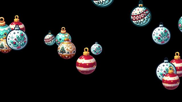 Different Christmas balls moving in a wiggly motion from left to right, Christmas Baubles animation, Christmas celebration background .