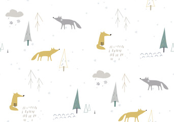 Seamless winter pattren with foxes