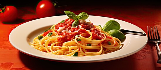 quaint Italian restaurant a white plate was served with a healthy and delicious meal of pasta topped with vibrant red tomato sauce creamy cheese and a medley of vegetables satisfying the din