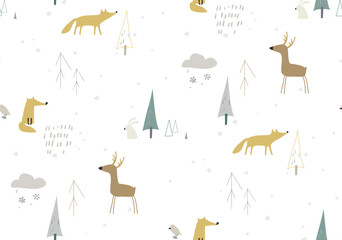 Seamless winter pattren with forest animals