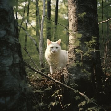 Forest scene zoom in on the trunk white cat realism Ai generated intelligence art